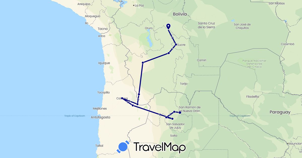 TravelMap itinerary: driving in Argentina, Bolivia, Chile (South America)