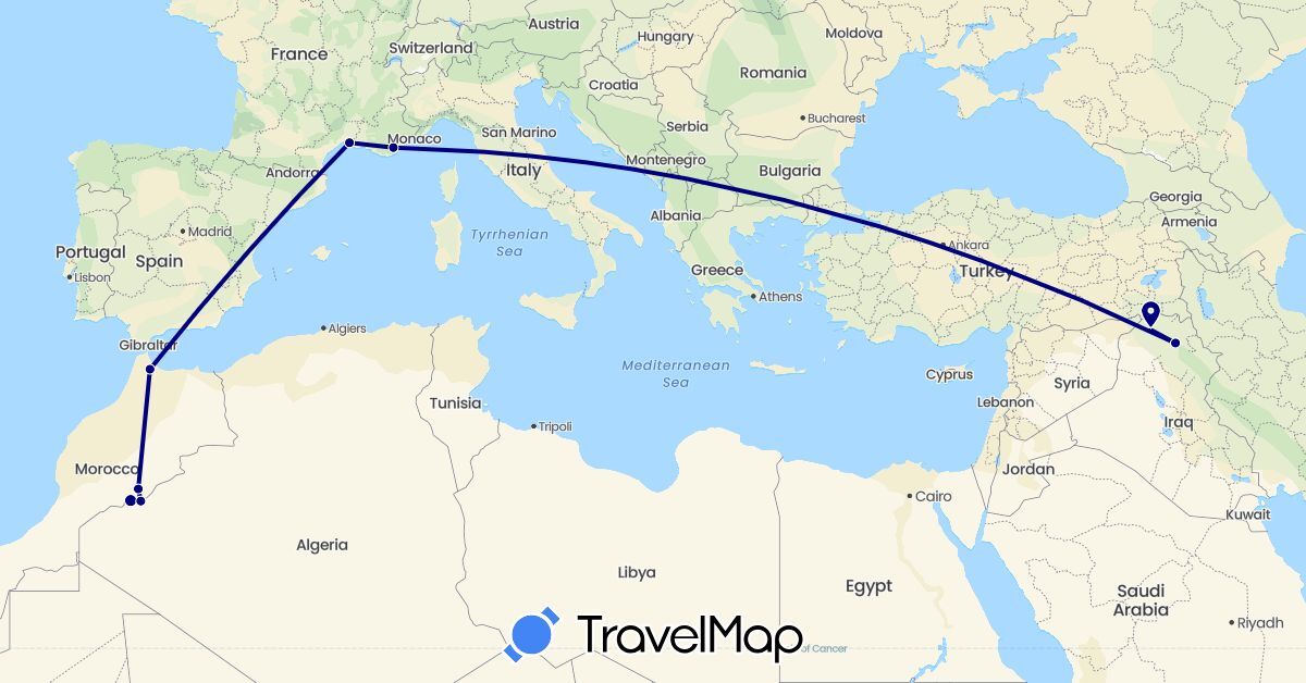 TravelMap itinerary: driving in France, Iraq, Morocco (Africa, Asia, Europe)