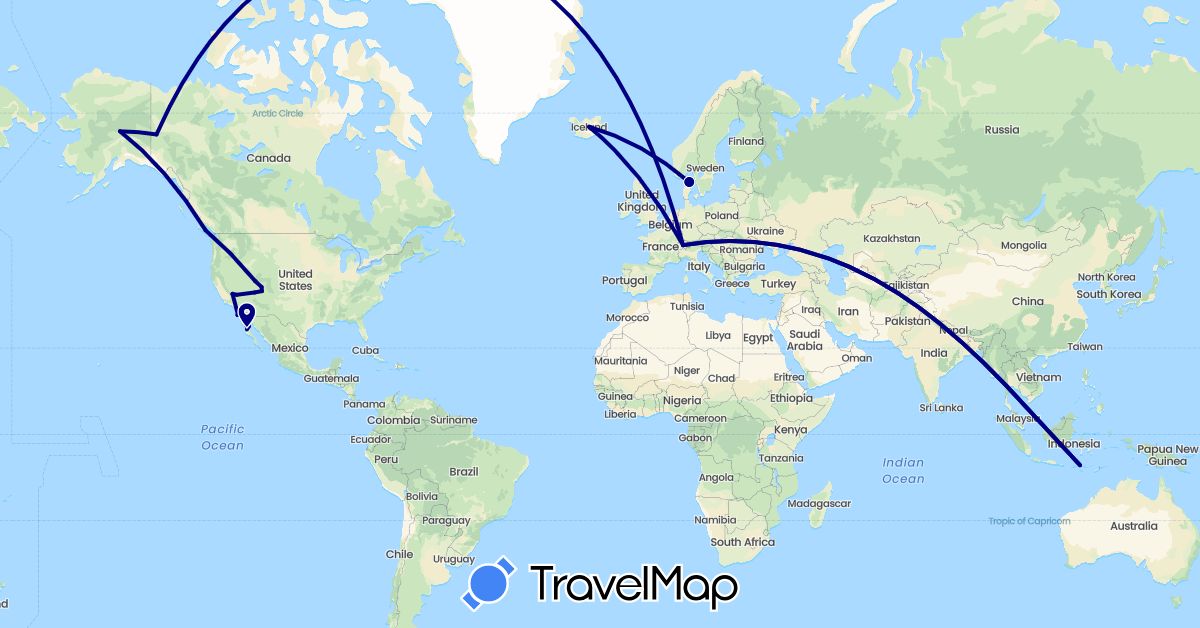 TravelMap itinerary: driving in Canada, Switzerland, Denmark, Indonesia, Iceland, Mexico, United States (Asia, Europe, North America)